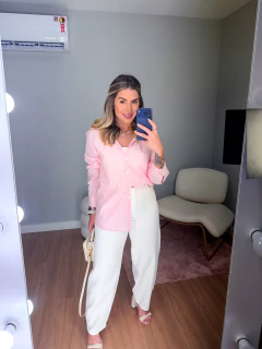 Camisa basic linho (mini listras rosa) - comprar online