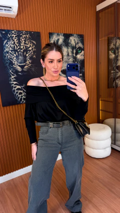 Blusa alana ombro a ombro manga longa renda viscolycra (preto) - Jordanna Galia Store