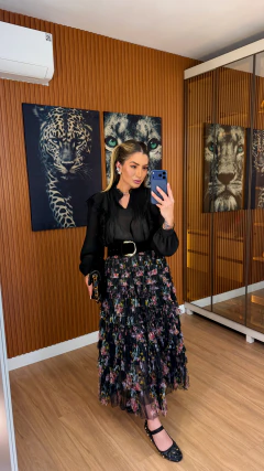 Imagem do SAIA flowers midi tule camadas (preto floral)