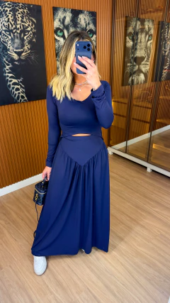 vestido eloiza manga longa poliamida (azul marinho) - loja online