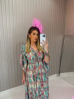 Vestido Sammy longo poliester (azul / fucsia e dourado)