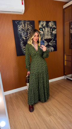 Vestido FRANCIS com manga viscolynho (verde oliva floral) - Jordanna Galia Store