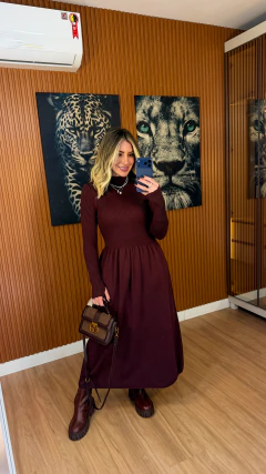 Vestido Camila mangas longa midi tricot modal premium (vinho)