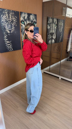 Camisa alongada com bolso algodão (vermelho tomate) na internet