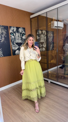 SAIA hailey gode midi crepe com macrame (verde oliva) - Jordanna Galia Store