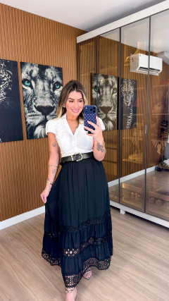 SAIA hailey gode midi crepe com macrame (preta) - Jordanna Galia Store