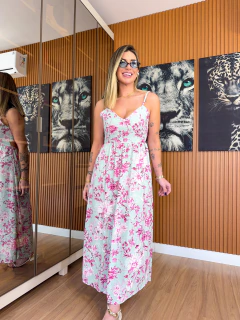Vestido Vegan alcinha linho de viscose (verde floral)