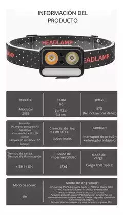 Linterna frontal cabeza con sensor 400lm USB CY2069 - HEADLIGHT en internet