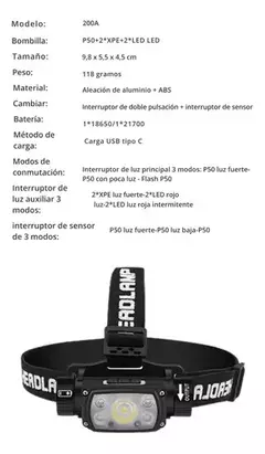 Linterna frontal cabeza con sensor 200lm USB base imantada 200A - HEADLIGHT - comprar online
