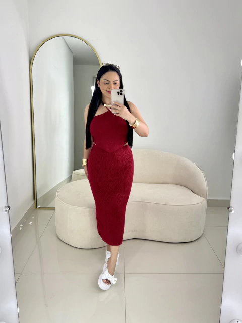 Conjunto Camille Tricot modal cropped e saia midi - Vermelho - comprar online