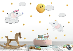 Adesivo De Parede Infantil Elefantes Lua Nuvem Estrelas
