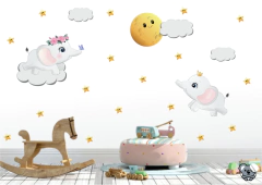 Adesivo De Parede Infantil Elefantes Lua Nuvem Estrelas