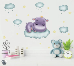 Adesivo de Parede Infantil Hipopótamo Dormindo Aquarela