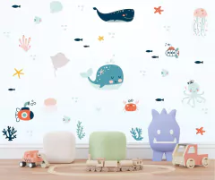 Adesivo de Parede Infantil Baleia e Polvo no Fundo do Mar