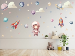 Adesivo Parede Astronauta Meninas Planetas Estrelas Nuvens