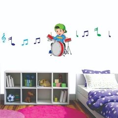 Adesivo De Parede Menino Baterista Notas Musicais Bateria