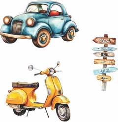 Adesivo de Parede Carrinho Motoneta Scooter e Placa Aquarela na internet