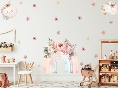 Adesivo Parede Arco Iris Florais Aquarela Lua e Nuvem