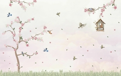 Papel de Parede Árvore Flores Pássaros Aquarela - comprar online