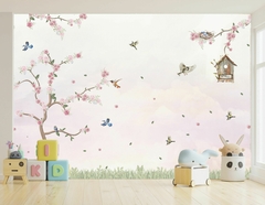 Papel de Parede Árvore Flores Pássaros Aquarela