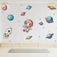 Adesivo Parede Astronauta Menina Baby Cute Foguete Planetas