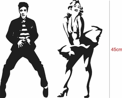 Adesivo decorativo de porta de banheiro com silhuetas de Elvis Presley e Marilyn Monroe.