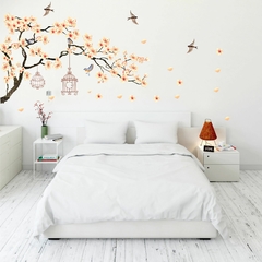 Adesivo de Parede Galho de Cerejeira Blossom Amarela e Gaiolas