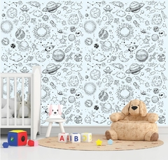 Papel de Parede Infantil Astronauta Galáxia Doodle
