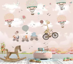 Papel de Parede Infantil Girafa na Bicicleta e Balões
