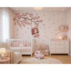 Quarto infantil decorado com adesivo de parede de menina no balanço suspenso em galho de cerejeira com flores rosas e borboletas, berço branco, cômoda branca, ursinhos de pelúcia e poltrona clara