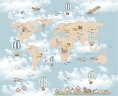 Papel de parede ilustrativo com mapa mundi e animais em balões de ar quente sobre um fundo azul com nuvens.