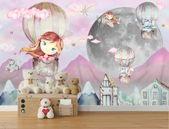 Papel de Parede Menina no Balão na Cidade Aquarela