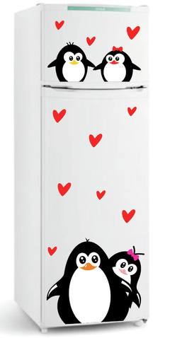 Adesivo de Geladeira Pinguins e corações