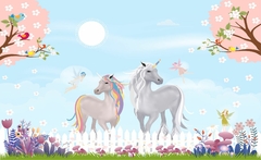Papel de Parede Infantil Unicórnios e Cerejeira - comprar online