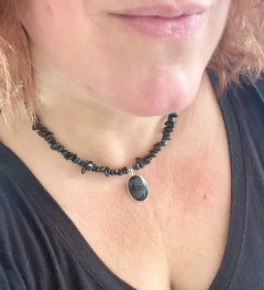 collar corto gargantilla escallas oval obsidiana negra - Laura Duki accessories