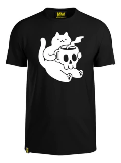 Remera Gato Con Taza De Calavera Cafe - 100% Algodon