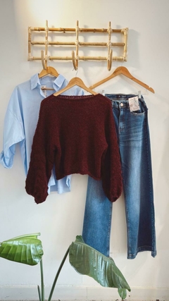 Sweater burbuja tejido color bordo manga globo - tienda online