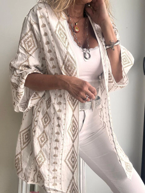 Kimono "Hanoi" - Lino Rombos y Corazones Bordados - comprar online