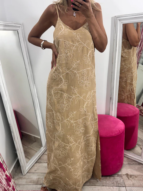 Vestido Premium "Johana" - Lino Bordado Con Breteles - comprar online