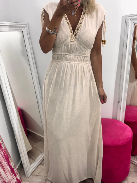 Vestido Premium "Regina" - Lino Cuello V Bordado - comprar online