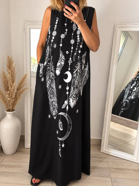 Vestido Premium Picasso - Largo c/Bolsillos Estampado Plumas