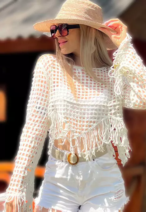 Top Premium Crochet Manga Larga con Flecos