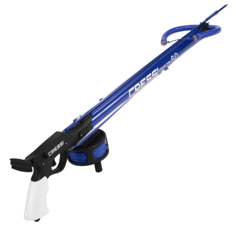 Arbalete CRESSI Apache Tyro SINGLE um elastico CRESSI de 16mm, cano de alumínio Azul com guia inteiriço, carretilha horizontal com fricção e coronha com solta linha inteligente e protetor de peito, arpão em aço inox mola 6.3mm compre aqui na rota sub