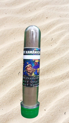 Embalagem de rapé xamânico indígena do Acre, destacando a arte indígena e informações de contato.