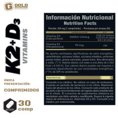 Vitaminas K2 + D3 Vegetal Gold Nutrition 90 Comp Sin Tacc en internet