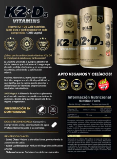 Vitaminas K2 + D3 Vegetal Gold Nutrition 90 Comp Sin Tacc - comprar online