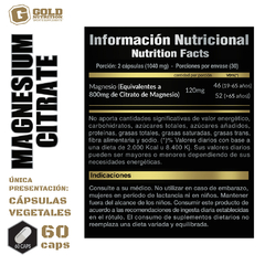 Citrato De Magnesio 180 Vegetal Caps Gold Nutrition Sin Tacc