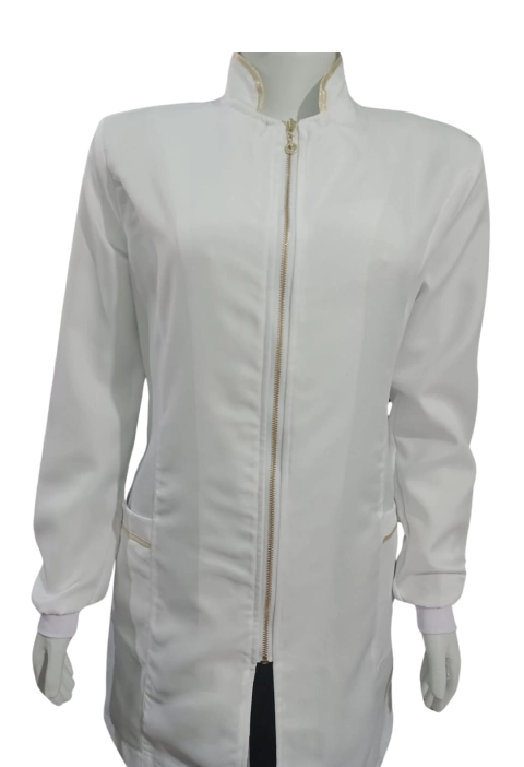 Jaleco feminino branco com detalhes e ziper dourados - tecido GABARDINE COM ELASTANO