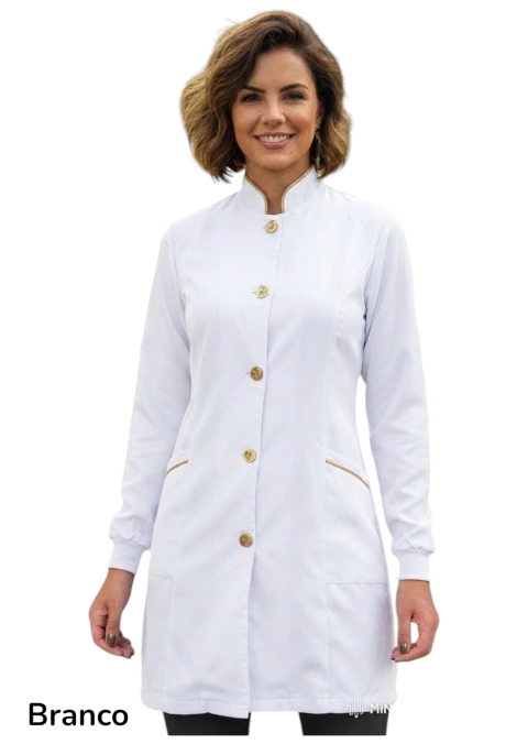Imagem do Jaleco feminino com viés dourado - Tecido GABARDINE - Várias cores