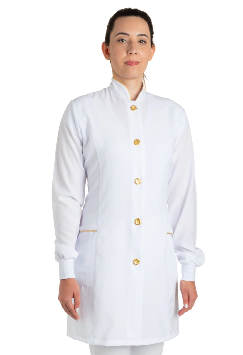 Jaleco feminino branco com viés e botões dourados - tecido GABARDINE COM ELASTANO - a partir de: